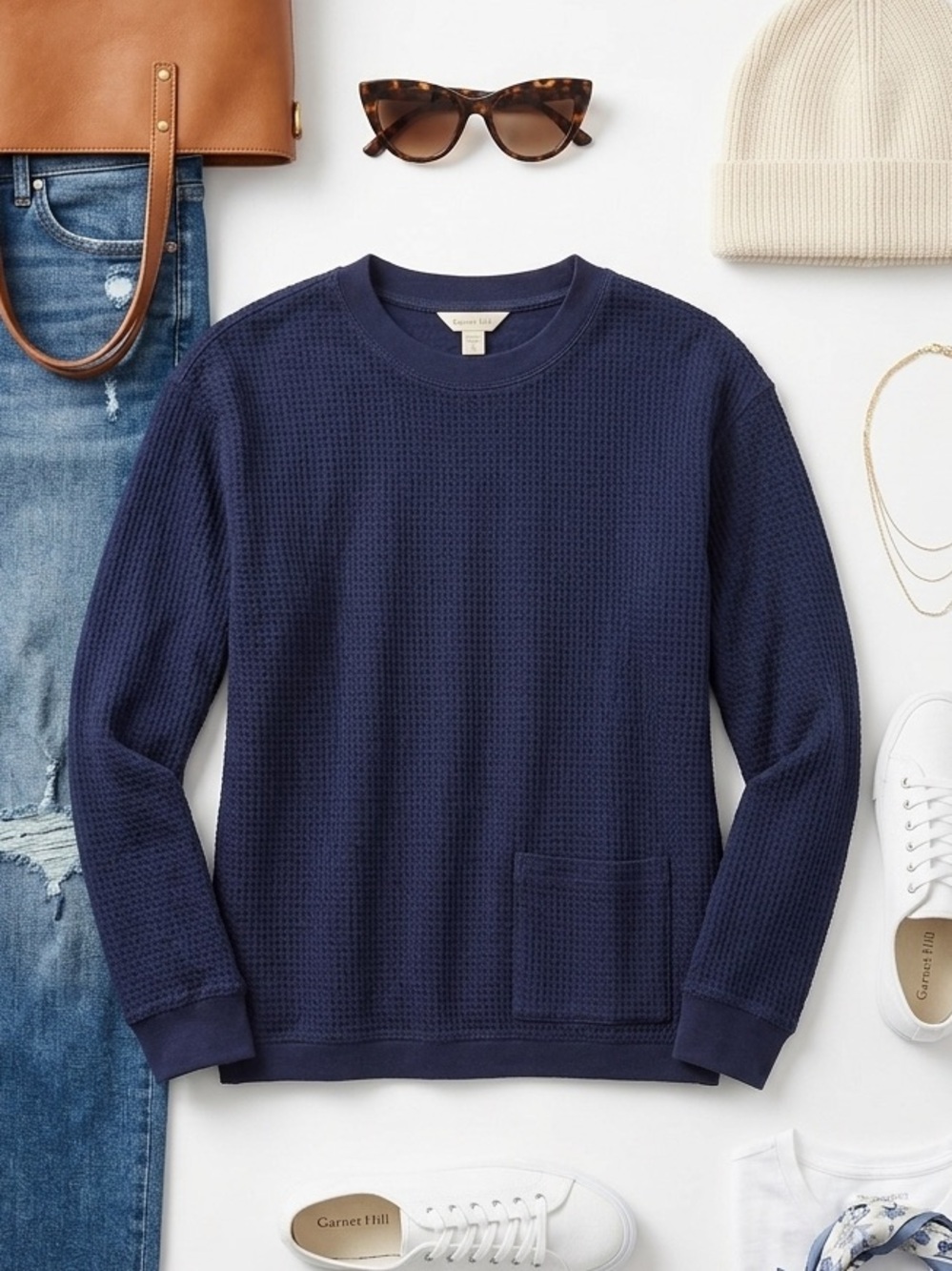 Garnet Hill Navy Waffle-Knit Crew Sweatshirt with Pocket